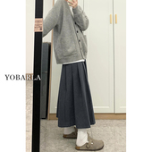 灰色毛呢百褶裙女秋冬新款 软糯a字半身裙 大码 胖mm高腰显瘦中长款