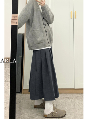 灰色毛呢百褶裙女秋冬新款大码胖mm高腰显瘦中长款软糯a字半身裙