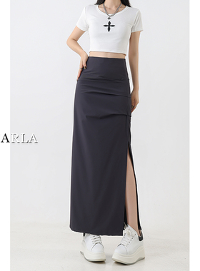 深灰色休闲半身裙女高腰夏季大码胖mm梨形身材显瘦开叉中长款裙子
