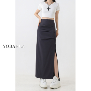 裙子 胖mm梨形身材显瘦开叉中长款 深灰色休闲半身裙女高腰夏季 大码