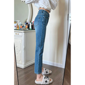 胖mm宽松显瘦小个子弹力九分烟管裤 蓝色直筒牛仔裤 大码 新款 女春季