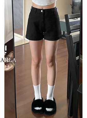 黑色高腰牛仔短裤女夏薄款大码胖mm遮肚显瘦弹力梨形身材a字热裤