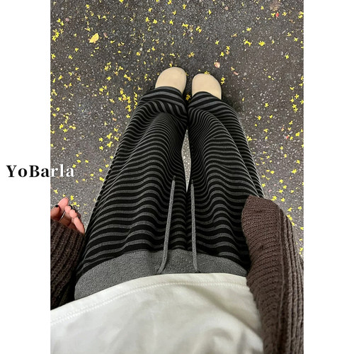 黑色条纹阔腿休闲裤女大码显瘦