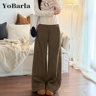 直筒裤 美式 加绒显瘦胖mm梨型身材宽松大码 女冬季 子 咖色阔腿牛仔裤