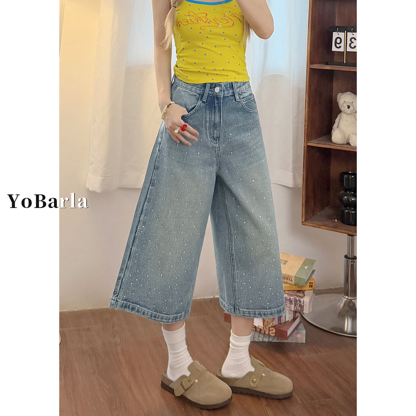 浅色烫钻牛仔七分裤女夏季新款胖mm大码梨形身材宽松显瘦阔腿裤子