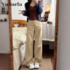 梨型身材显瘦宽松垂感直筒裤 卡其色阔腿牛仔裤 胖mm大码 新款 女春季
