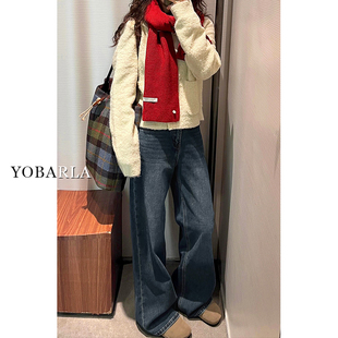 胖mm宽松显瘦阔腿裤 蓝灰色高腰直筒牛仔裤 梨形身材大码 新款 女春季