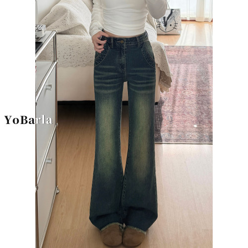 复古毛边微喇牛仔裤大码显瘦女