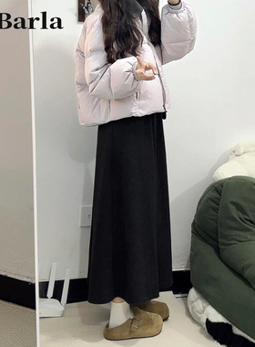 黑色a字毛呢半身裙女高腰春季新款胖mm大码遮胯显瘦中长款伞裙子