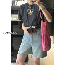 浅色破洞牛仔短裤女夏薄款高腰大码胖mm宽松显瘦梨型身材阔腿裤子