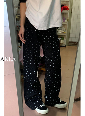 黑色波点休闲裤女春季新款高腰大码胖mm宽松显瘦梨形身材阔腿裤子