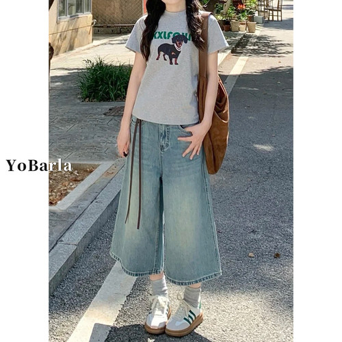 夏季高腰阔腿显瘦七分牛仔裤女