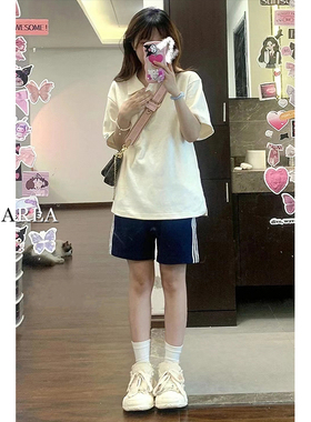 藏青色条纹运动短裤女夏季薄款宽松大码胖mm显瘦阔腿五分休闲裤子