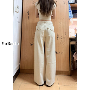 美式米白色阔腿牛仔裤女秋季新款大码胖mm宽松遮肉显瘦高腰直筒裤
