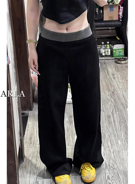黑色拼接休闲裤女冬季加绒大码胖mm宽松显瘦梨形身材阔腿运动卫裤