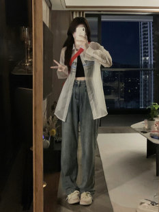 胖mm梨形身材宽松显瘦阔腿长裤 浅色高腰直筒牛仔裤 大码 新款 女春季