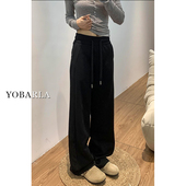 女春季 新款 大码 黑色直筒休闲裤 梨形身材胖mm显瘦宽松阔腿运动卫裤