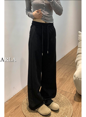 黑色直筒休闲裤女冬季加绒大码梨形身材胖mm显瘦宽松阔腿运动卫裤