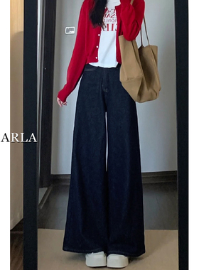 深蓝色直筒牛仔裤女高腰春季新款胖mm大码宽松显瘦梨形身材阔腿裤