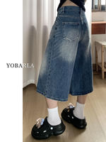 American wide-leg denim capsized pants for women in summer, a new style. Loose and slimming, pear-shaped figure straight-leg shorts thumbnail 4