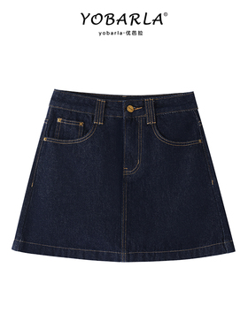 深蓝色牛仔短裙女高腰夏季新款大码胖mm显瘦梨型身材a字半身裙子