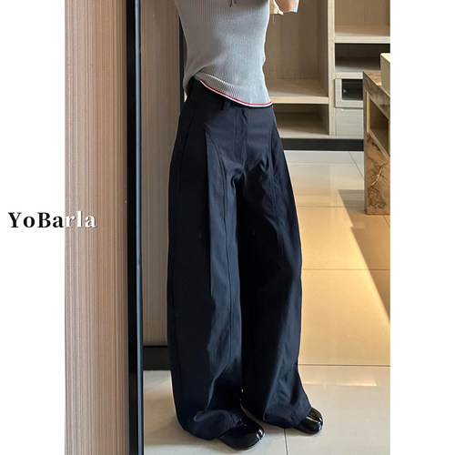 藏青色阔腿西装裤女大码显瘦