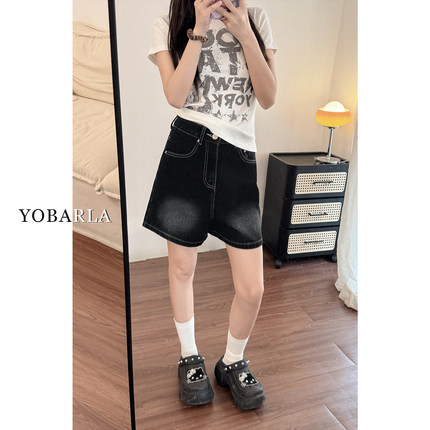 黑色牛仔短裤女夏新款高腰大码梨形身材胖mm显瘦弹力阔腿a字热裤