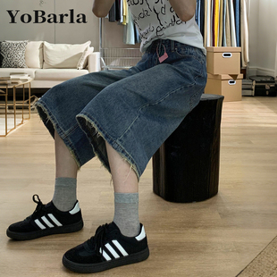 胖mm梨型身材宽松显瘦直筒裤 复古阔腿牛仔七分裤 大码 新款 子 女夏季