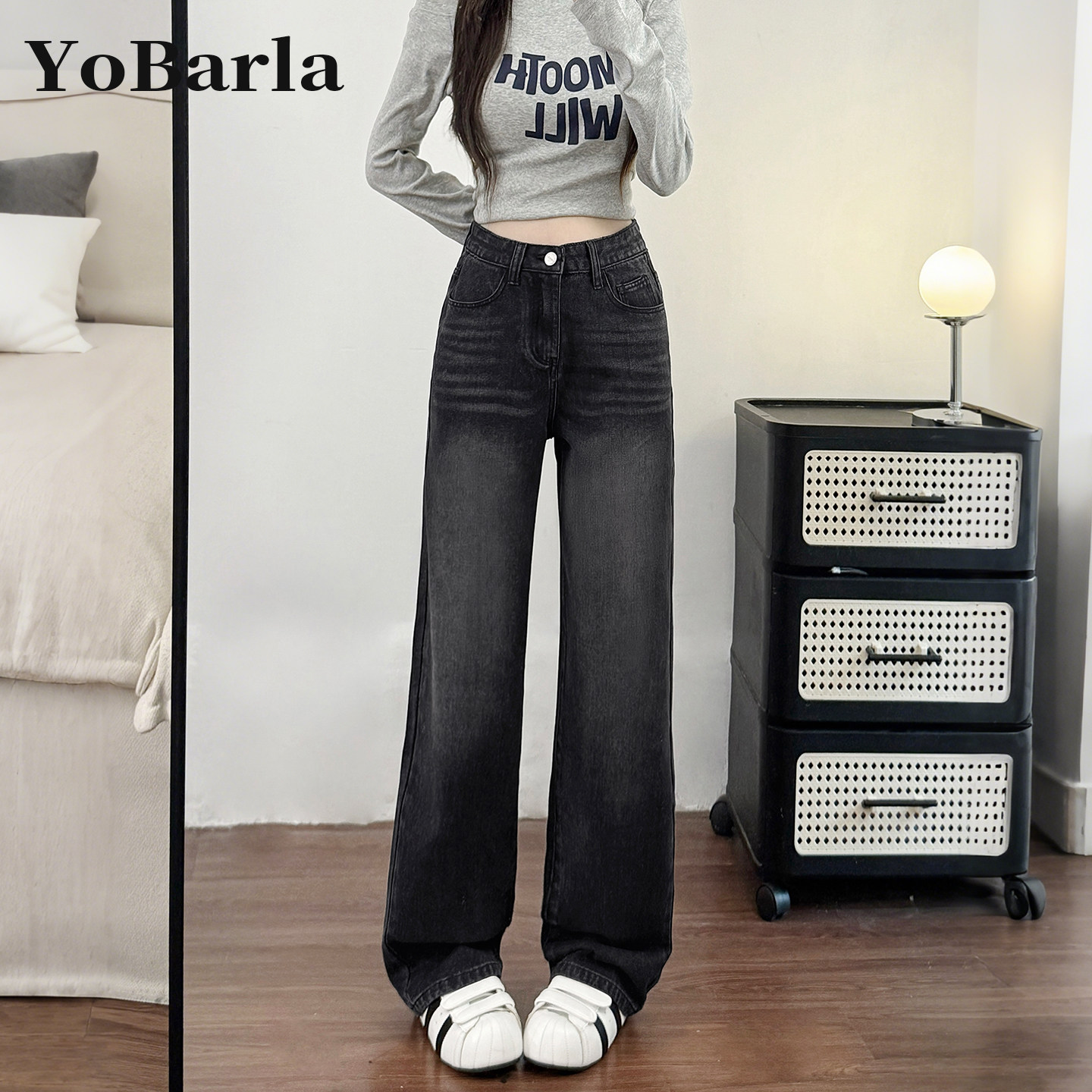 黑灰色直筒牛仔裤女冬季加绒高腰大码梨形身材胖mm宽松显瘦阔腿裤,女装/女士精品,牛仔裤,淘宝优惠券,粉丝福利购,淘宝优惠卷