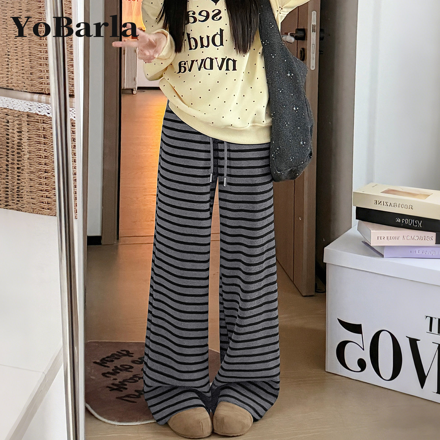 深灰色条纹休闲裤女冬季加绒宽松直筒胖mm大码显瘦慵懒垂感阔腿裤,女装/女士精品,休闲裤,淘宝优惠券,粉丝福利购,淘宝优惠卷