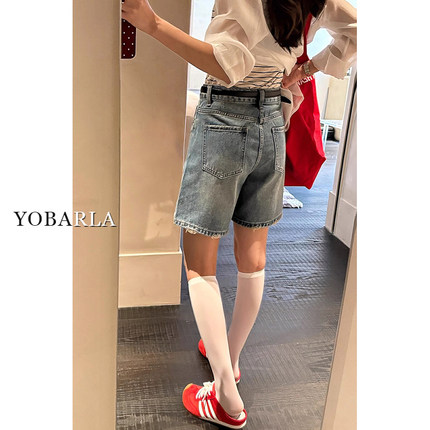 破洞牛仔短裤女夏新款大码梨形身材胖mm遮肉显瘦高腰五分阔腿中裤