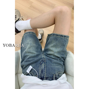 胖mm宽松显瘦梨形身材阔腿五分中裤 大码 子 女夏季 复古直筒牛仔短裤