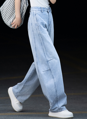 美式浅蓝色镰刀牛仔裤女2026秋冬季新款加绒加厚阔腿宽松弯刀长裤