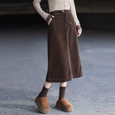 咖色灯芯绒秋冬半身裙高腰中长款