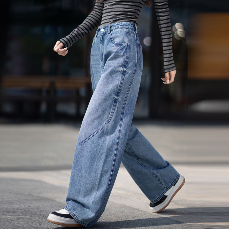 春秋直筒牛仔裤高腰女裤阔腿长裤