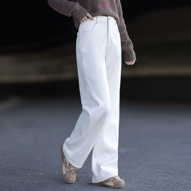 米色加绒牛仔裤高腰窄版阔腿裤女