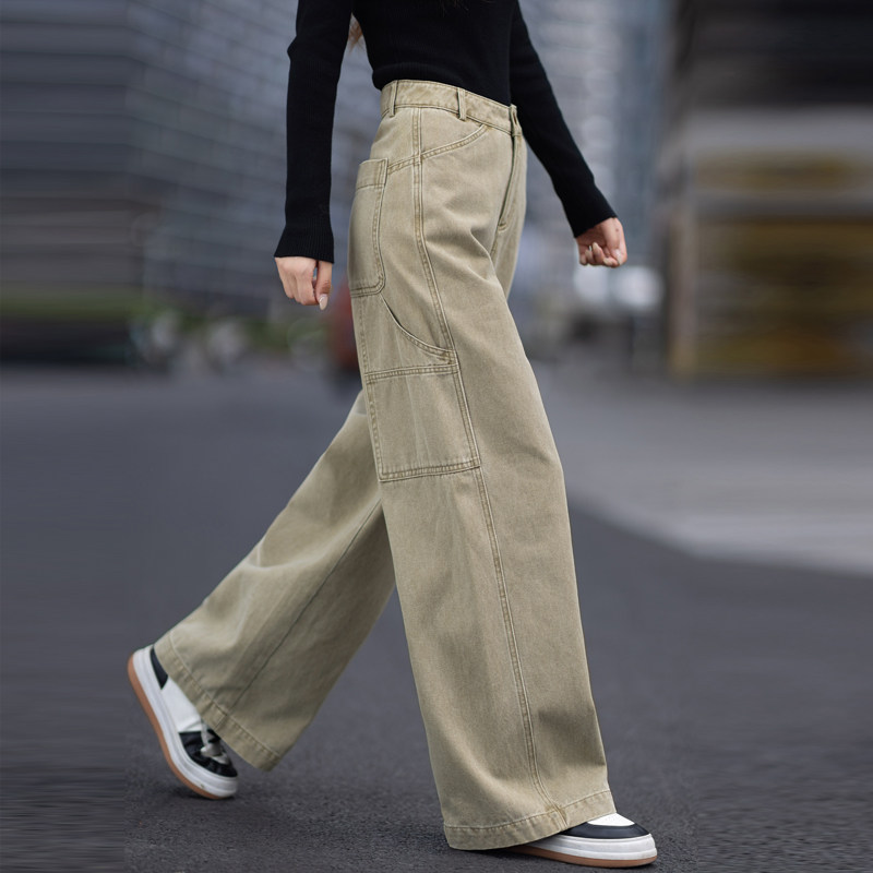 卡其黄色工装阔腿裤牛仔裤女2026新款裤子春秋直筒裤宽松bf慵懒风 - 实物图