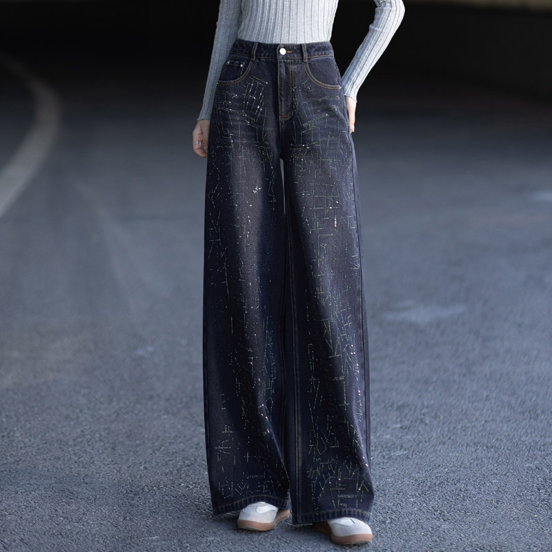 黑灰烫钻牛仔裤女秋冬窄版阔腿裤