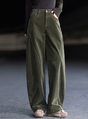 军绿色灯芯绒裤子加绒阔腿裤2025新款女高腰弯刀裤秋冬季复古长裤