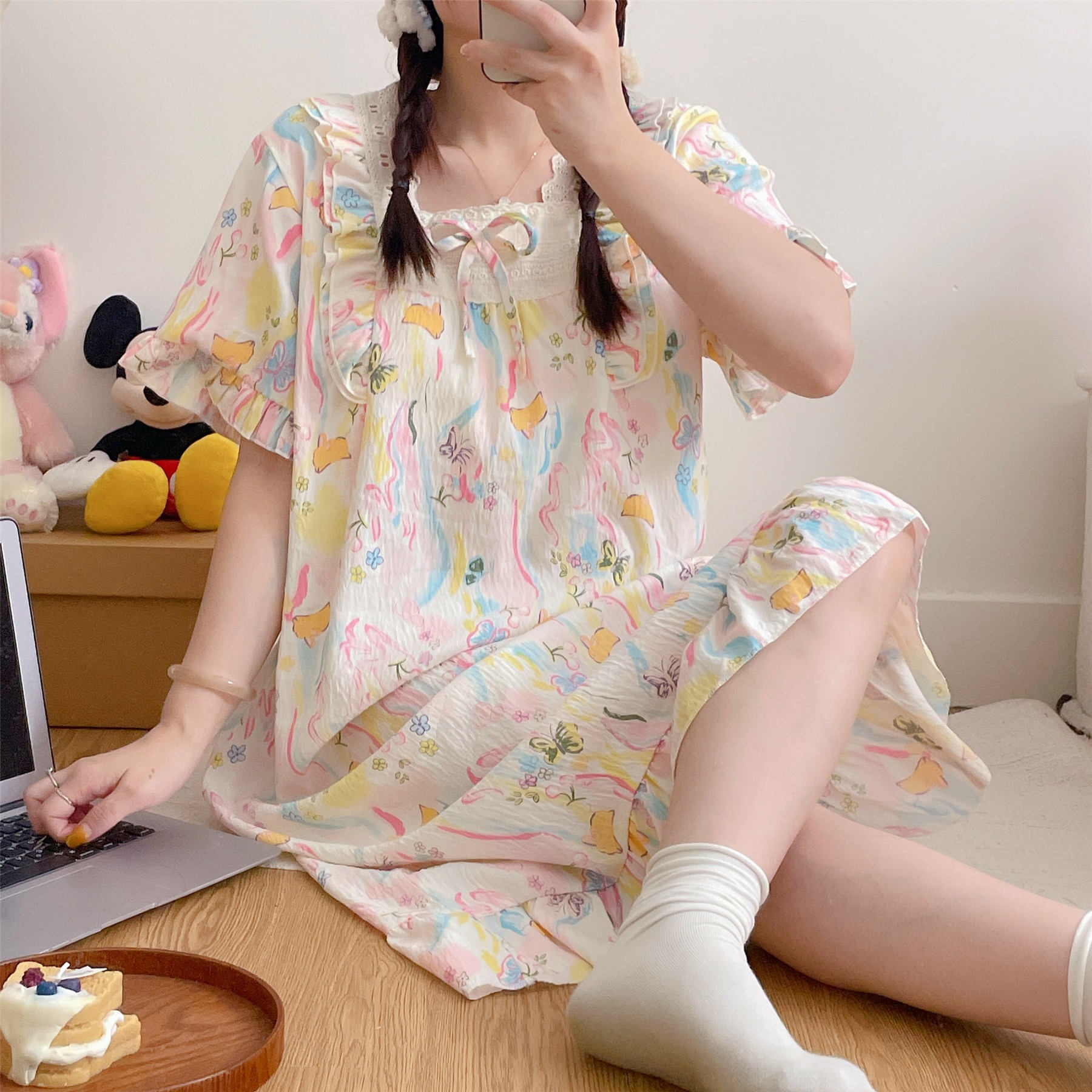 夏季带胸垫云朵棉睡裙女士半袖过膝盖中长款睡裙可外穿家居服