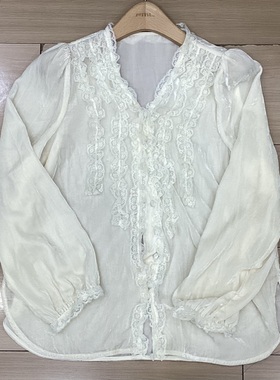 2065欧货高品质早春V领木耳边压褶丝绒衬衫秋冬超级仙仙长袖上衣