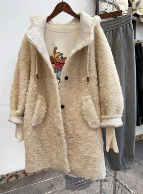 24507羊剪绒皮毛一体抽绳立领单排扣中长款小个子女秋冬新款连帽