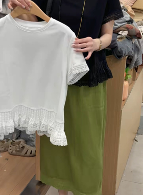 61670欧货新品袖子下摆重工刺绣钩花蕾丝花边T恤上衣