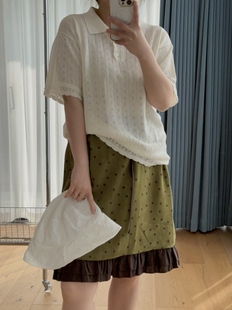 针织上衣短袖 L6s812 MOH半开三粒扣小翻领镂空下摆花边宽松版