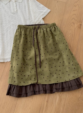 KHQ1927松紧腰抽绳甜美款韩系下摆拼花边绿色波点半身裙