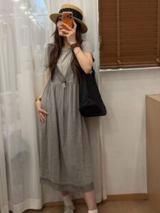 61775欧货新品2026夏季新品V领拼接蕾丝边显瘦连衣裙T恤假两件套