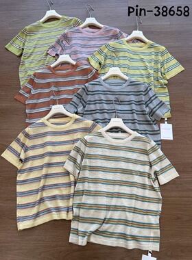 38658新款复古条纹圆短袖t恤女装夏季韩版松彩色撞色条纹冰丝上衣