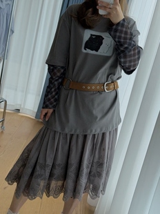 子拼接网纱假两件T恤 5027可爱小动物图案圆领袖