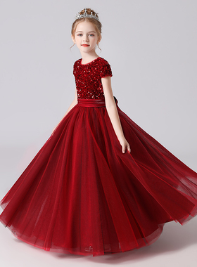 儿童公主裙高端女童钢琴演奏礼服演出服花童公主裙主持酒红晚礼服
