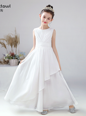迪迪淘女童礼服白色中大童雪纺晚礼服修身学生合唱演出服乐团表演